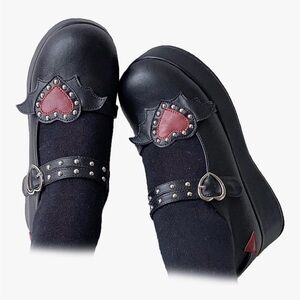 Black Mary Jane Platform Wedge Ankle Strap Red Heart 6.5 Brand New